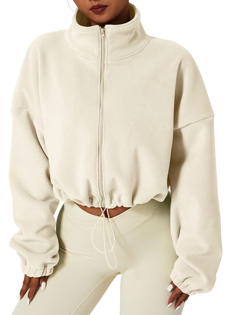 QINSEN Women's Polar Fleece Bomber Jacket Full Zip Stand Collar Short Coat Cozy Winter Warm Outwear Beige M - Image 3