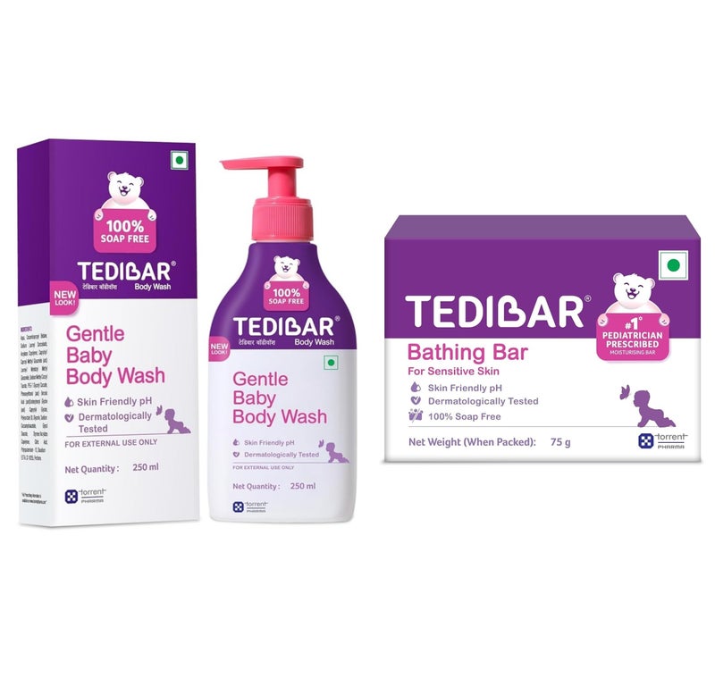 Tedibar Rich Moisturising Baby Body Wash 250ml with Skin Friendly PH with Tedibar Moisturising Baby Bathing Bar 75g(Pack of 1)|100% Soap Free|Prev - Image 1
