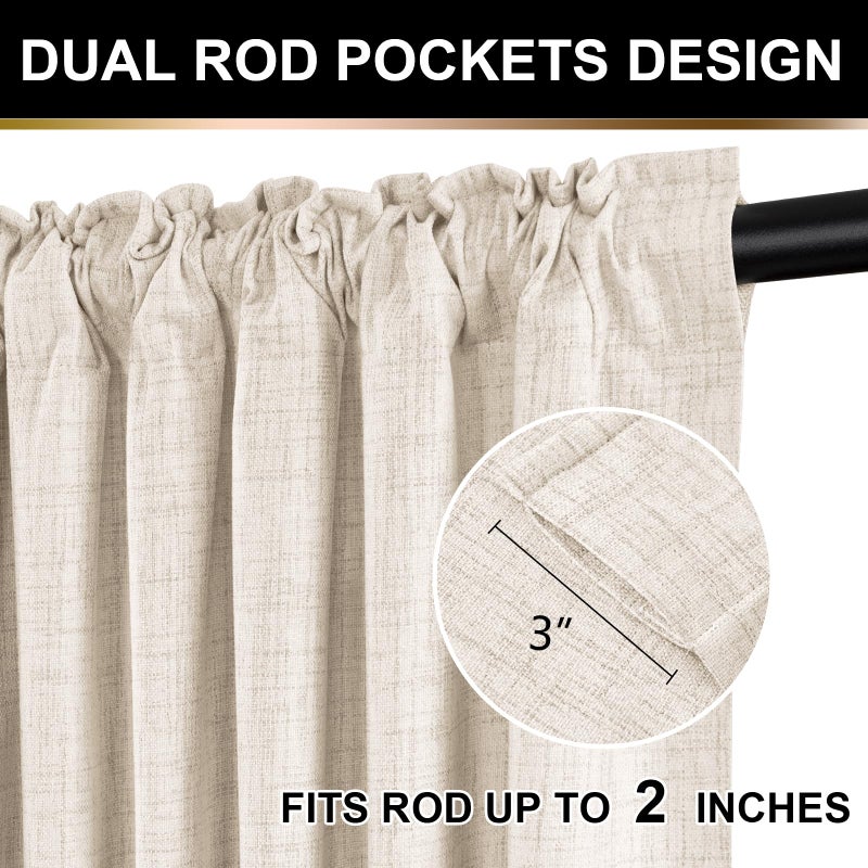 100% Blackout Shield Full Blackout Curtains for Bedroom 120 inch Length 2 Panels Set  Clip Rings/Rod Pocket Faux Linen Black Out Curtains for Living Room  Thermal Insulated  50Wx120L  Butter Cream - Image 4