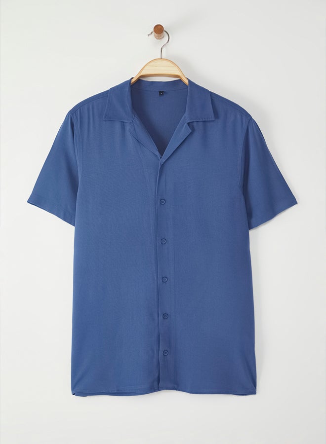trendyol Indigo Regular Fit Patchwork Collar  100% Viscose Loose Fit Short Sleeve Summer Shirt  - Image 1