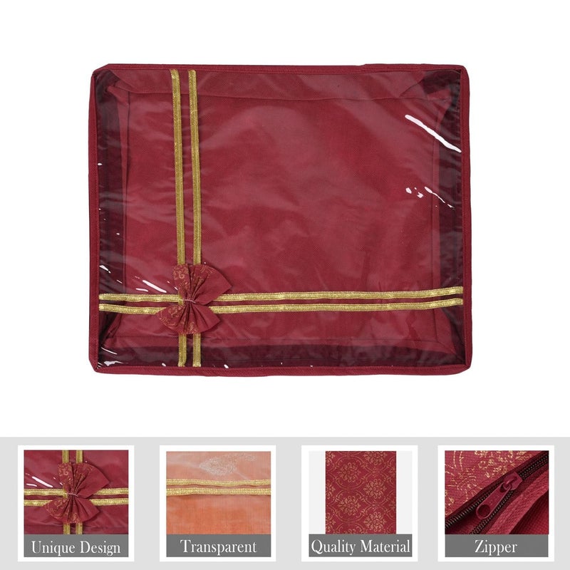 Kuber Industries Pack of 3 Saree Cover | Cloth Packing Bags with Zip | Dress Pouches for Storage | Suit Bags for Women | Saree Organizer for Wardrobe | Bow Golden Printed | 3 Inch | Maroon - Image 4