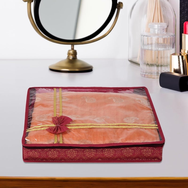 Kuber Industries Pack of 3 Saree Cover | Cloth Packing Bags with Zip | Dress Pouches for Storage | Suit Bags for Women | Saree Organizer for Wardrobe | Bow Golden Printed | 3 Inch | Maroon - Image 2