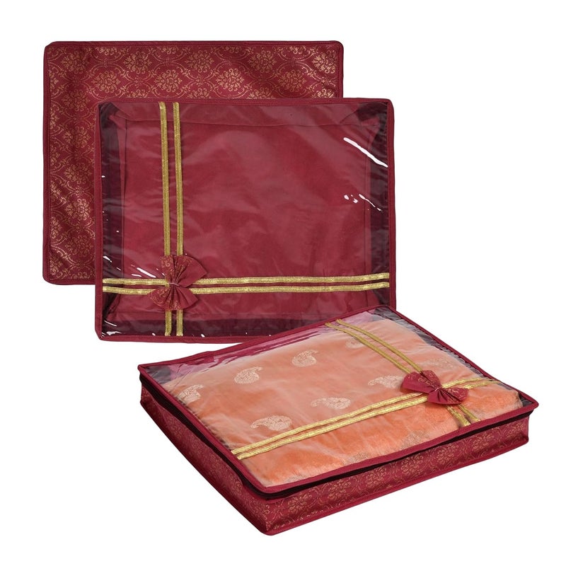 Kuber Industries Pack of 3 Saree Cover | Cloth Packing Bags with Zip | Dress Pouches for Storage | Suit Bags for Women | Saree Organizer for Wardrobe | Bow Golden Printed | 3 Inch | Maroon - Image 1