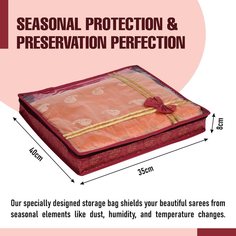 Kuber Industries Pack of 3 Saree Cover | Cloth Packing Bags with Zip | Dress Pouches for Storage | Suit Bags for Women | Saree Organizer for Wardrobe | Bow Golden Printed | 3 Inch | Maroon - Image 3