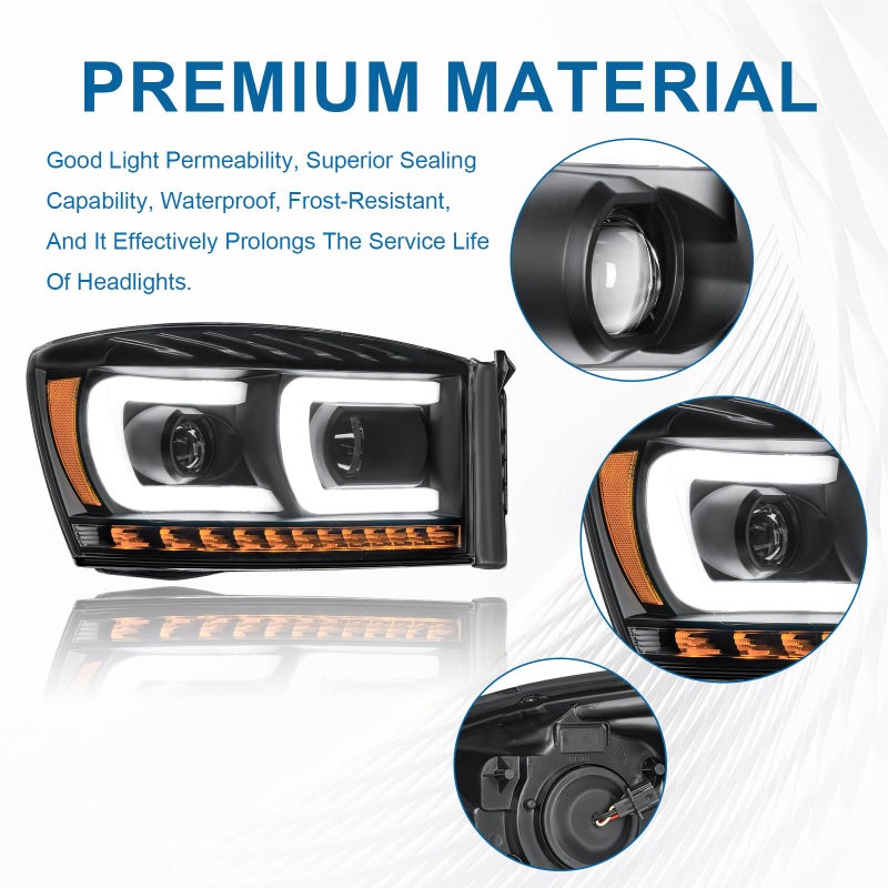 Fullux LED DRL Headlights Assembly Compatible with 2006-2008 Dodge Ram 1500 2500 3500 Left and Right Side Replacement Headlamp Black Housing Amber Reflector - Image 3
