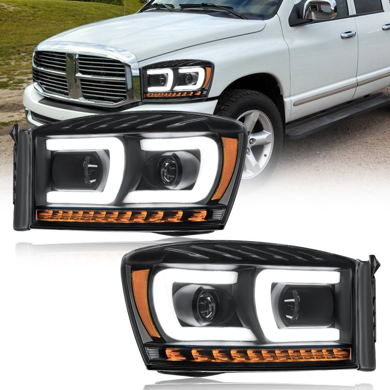 Fullux LED DRL Headlights Assembly Compatible with 2006-2008 Dodge Ram 1500 2500 3500 Left and Right Side Replacement Headlamp Black Housing Amber Reflector - Image 1