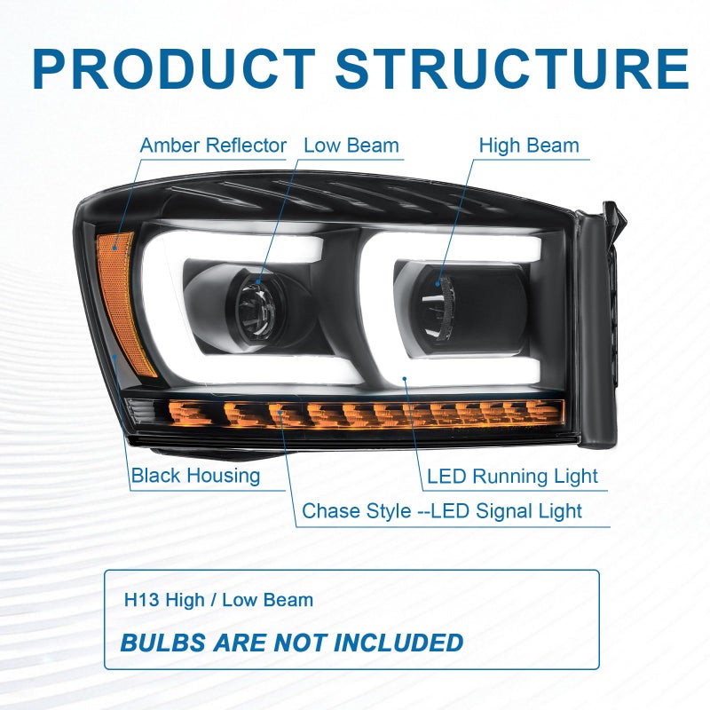 Fullux LED DRL Headlights Assembly Compatible with 2006-2008 Dodge Ram 1500 2500 3500 Left and Right Side Replacement Headlamp Black Housing Amber Reflector - Image 4