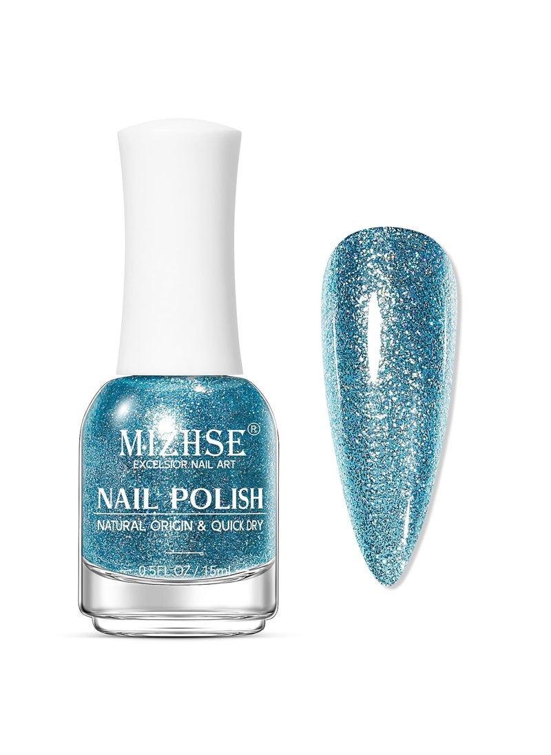 MIZHSE - MIZHSE Quick Dry Glitter Blue Nail Polish, Fast Drying Nail Polish, 15ml High Glossy Sparkly Shiny Shimmer Nail Lacquer Nail Art Salon Manicure Home - Image 1