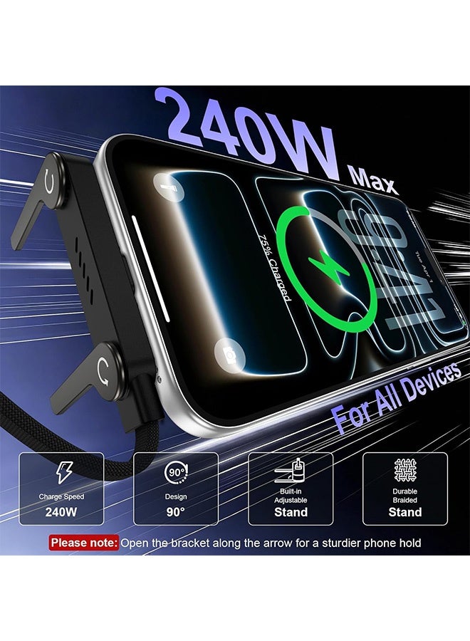 جي دي قطعتان من كابلات الشحن السريع المضفرة USB-A إلى Type-C و Type-C إلى Type-C بطول 1.5 متر وقوة 240 واط، مزودة بحامل مدمج للهاتف - كابل 2 في 1 غير مرئي للألعاب والمكتب والسفر، سلك شاحن مسطح متوافق مع iPhone 15/16/17 وSamsung Galaxy S24/S23 وMacBook وiPad وأجهزة متعددة - Image 4