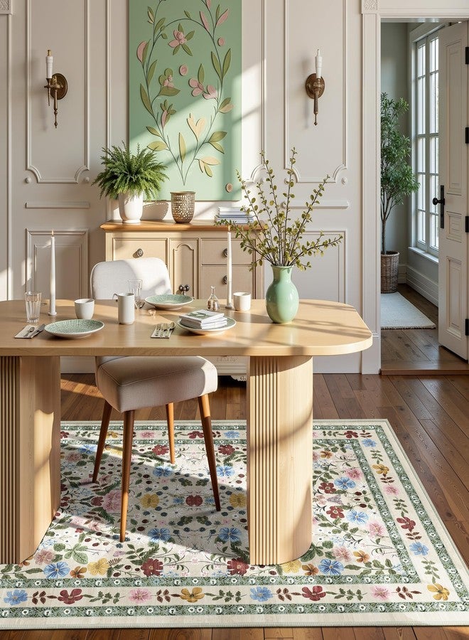Deerly Area Rugs 4x6 Floral Washable Living Room Bedroom Carpet - Vintage Boho Thin Non-Slip Soft Low Pile Floor Mat Indoor Home Decor for Dining Room Playroom Farmhouse, Beige/Green/Multi - Image 3