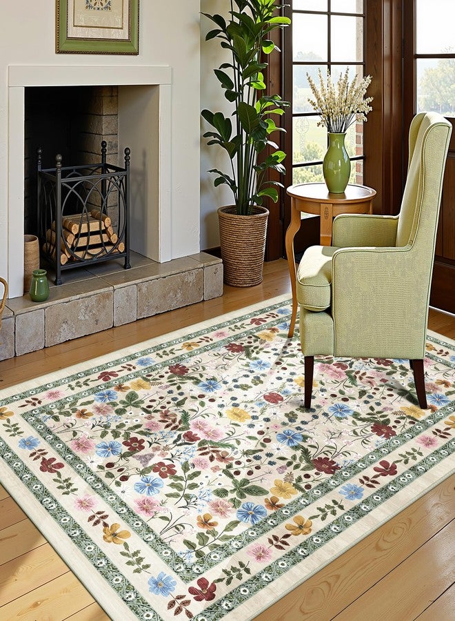 Deerly Area Rugs 4x6 Floral Washable Living Room Bedroom Carpet - Vintage Boho Thin Non-Slip Soft Low Pile Floor Mat Indoor Home Decor for Dining Room Playroom Farmhouse, Beige/Green/Multi - Image 2