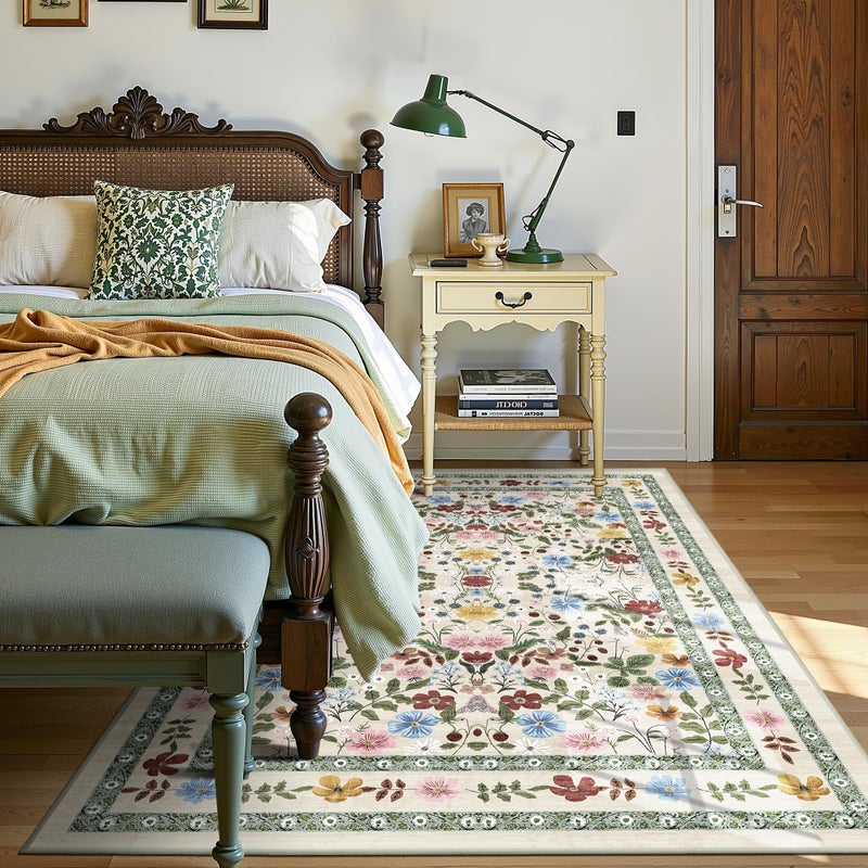 Deerly Area Rugs 4x6 Floral Washable Living Room Bedroom Carpet - Vintage Boho Thin Non-Slip Soft Low Pile Floor Mat Indoor Home Decor for Dining Room Playroom Farmhouse, Beige/Green/Multi - Image 1