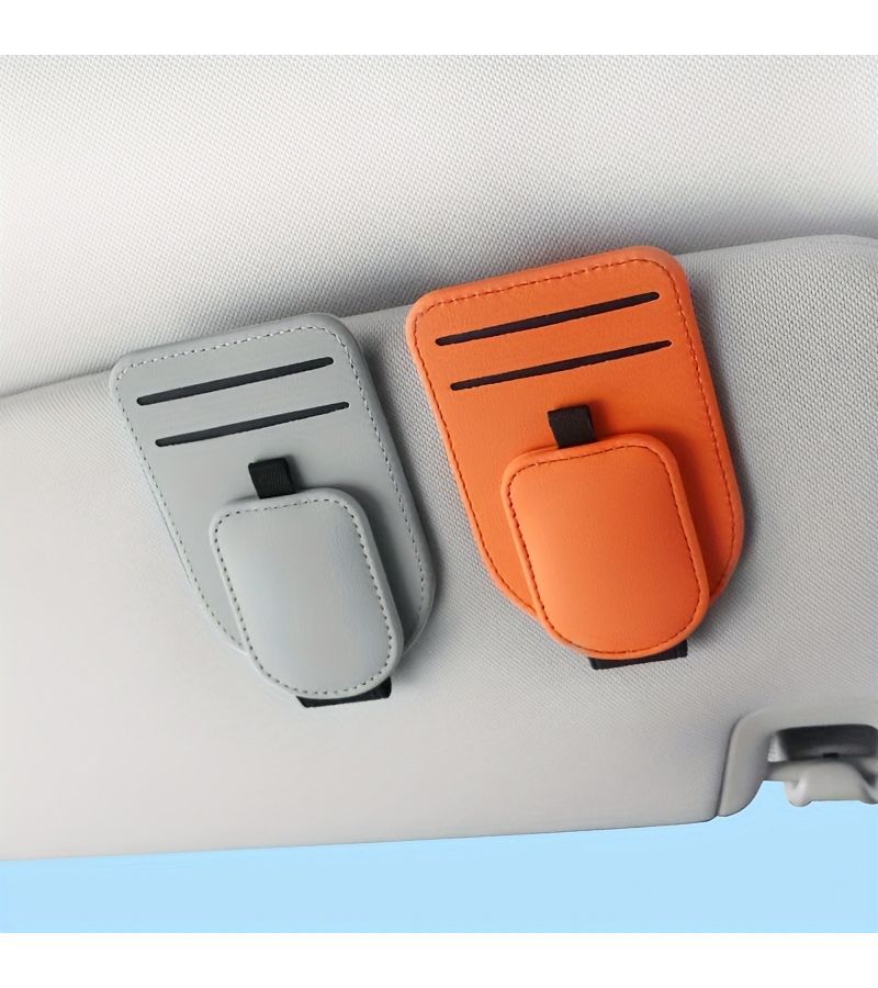 Dual Card Slot Glasses Clip Orange PU Leather Sun Visor Storage Clip Multifunctional Car Organizer For Glasses Fuel Cards Tickets - Image 5