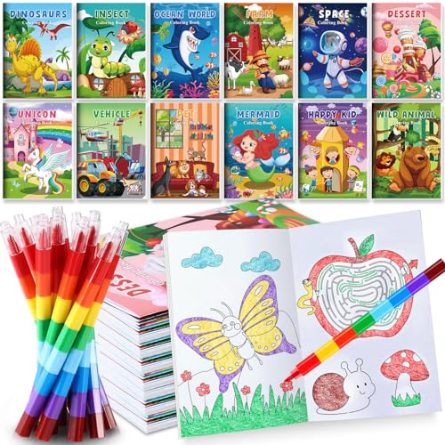 BenLouis Coloring Books for Kids With Stacking Crayons Set Mini Coloring Books Bulk for Ages 4-8-12 Small Activity Books for Birthday Party Gifts Goodie Bags Stuffers Travel（12+12Pcs Colorful） - Image 1
