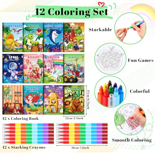BenLouis Coloring Books for Kids With Stacking Crayons Set Mini Coloring Books Bulk for Ages 4-8-12 Small Activity Books for Birthday Party Gifts Goodie Bags Stuffers Travel（12+12Pcs Colorful） - Image 2