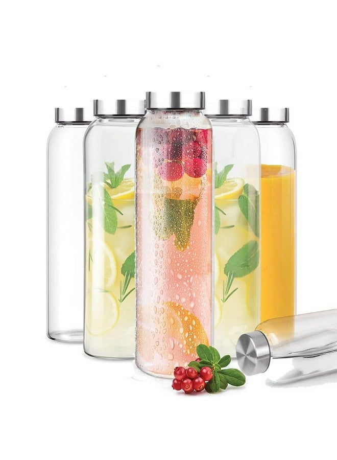 Brezzycloud Glass Fridge Water Bottle with Steel Cap | Leak proof & detox water bottle glass | Wide mouth & Easy to Clean | Best Usage for Office/School/College | Set of 6, 800ml | Clear - Image 1