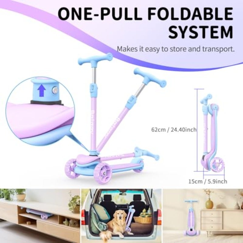 A8 3-Wheel Folding Scooter for Ages 3-12 LED Light-Up Wheel For Toddlers Girls and Boys 4 Adjustable Heights Lean-to-Steer Control Extra-Wide Wheels for Stable Rides - Image 3