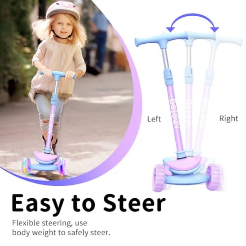 A8 3-Wheel Folding Scooter for Ages 3-12 LED Light-Up Wheel For Toddlers Girls and Boys 4 Adjustable Heights Lean-to-Steer Control Extra-Wide Wheels for Stable Rides - Image 4