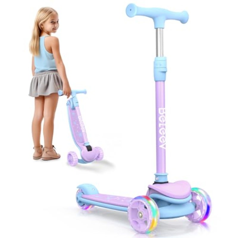 A8 3-Wheel Folding Scooter for Ages 3-12 LED Light-Up Wheel For Toddlers Girls and Boys 4 Adjustable Heights Lean-to-Steer Control Extra-Wide Wheels for Stable Rides - Image 1
