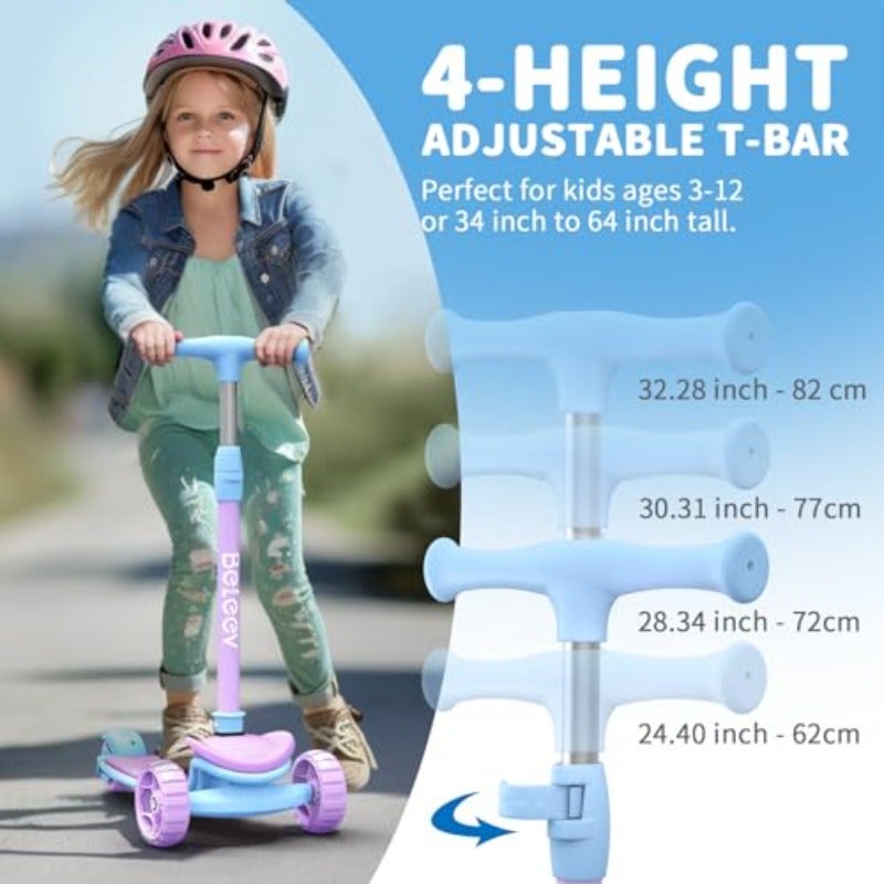 A8 3-Wheel Folding Scooter for Ages 3-12 LED Light-Up Wheel For Toddlers Girls and Boys 4 Adjustable Heights Lean-to-Steer Control Extra-Wide Wheels for Stable Rides - Image 2