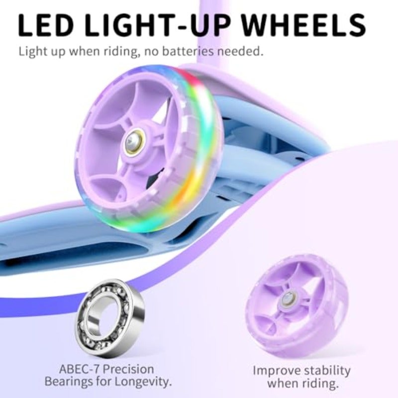 A8 3-Wheel Folding Scooter for Ages 3-12 LED Light-Up Wheel For Toddlers Girls and Boys 4 Adjustable Heights Lean-to-Steer Control Extra-Wide Wheels for Stable Rides - Image 5