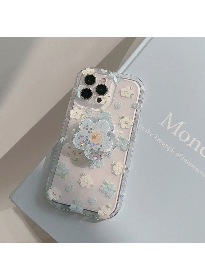 Compatible with iPhone 15 Pro Max Case, Beautiful Blue And White Flower Patterns with Quicksand Flower Stand for Women Girly, Soft TPU Full Protective Cover- Blue - Image 4
