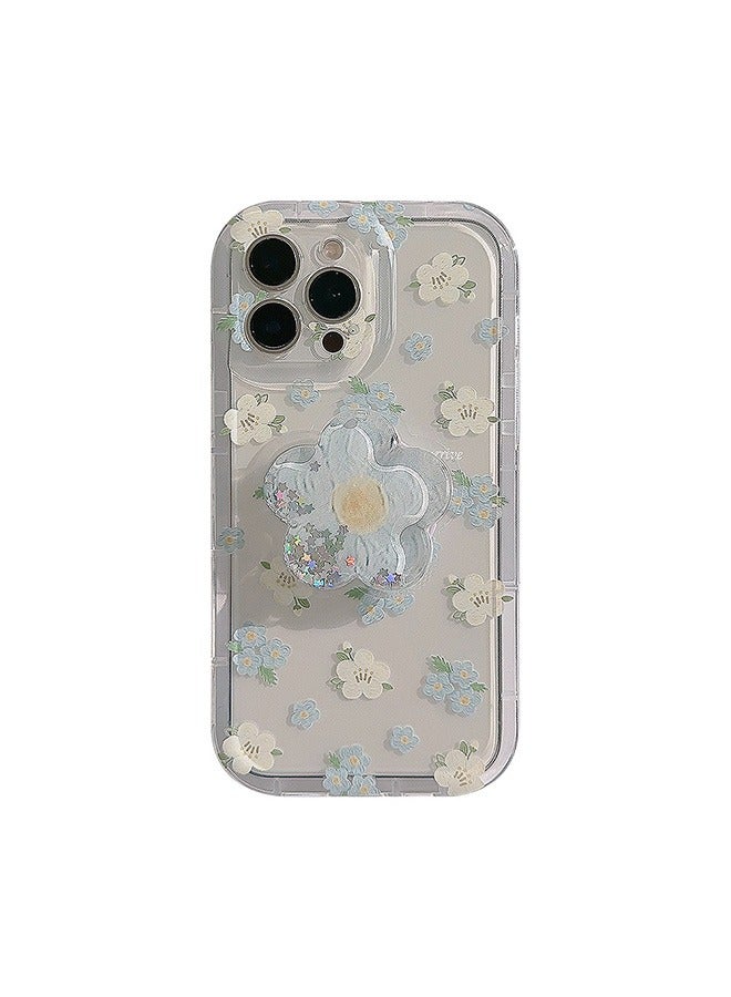 Compatible with iPhone 15 Pro Max Case, Beautiful Blue And White Flower Patterns with Quicksand Flower Stand for Women Girly, Soft TPU Full Protective Cover- Blue - Image 1