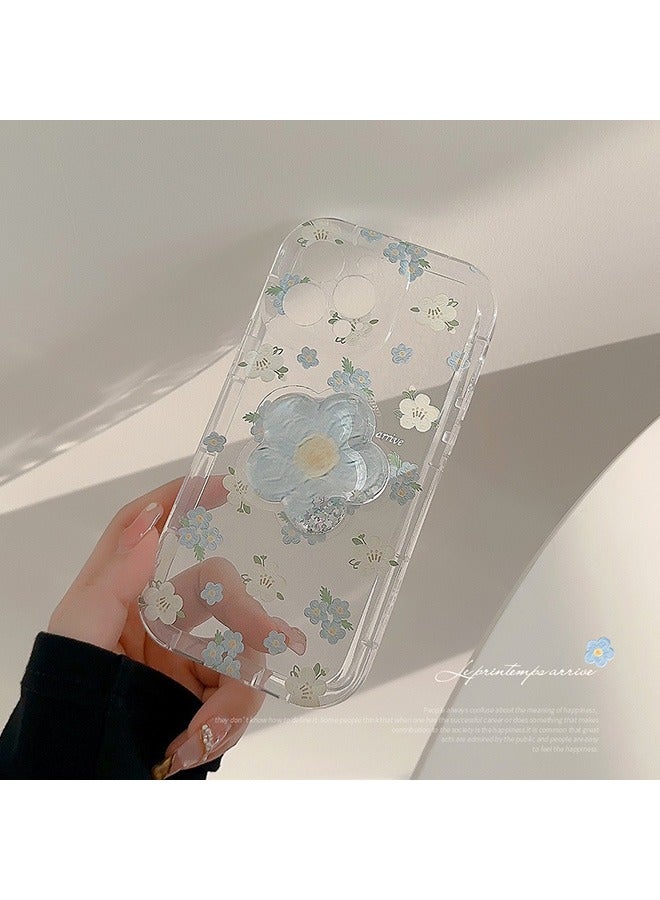 Compatible with iPhone 15 Pro Max Case, Beautiful Blue And White Flower Patterns with Quicksand Flower Stand for Women Girly, Soft TPU Full Protective Cover- Blue - Image 5