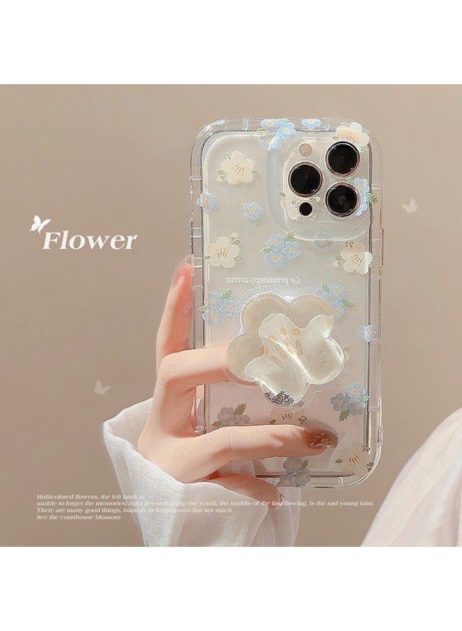 Compatible with iPhone 15 Pro Max Case, Beautiful Blue And White Flower Patterns with Quicksand Flower Stand for Women Girly, Soft TPU Full Protective Cover- Blue - Image 3