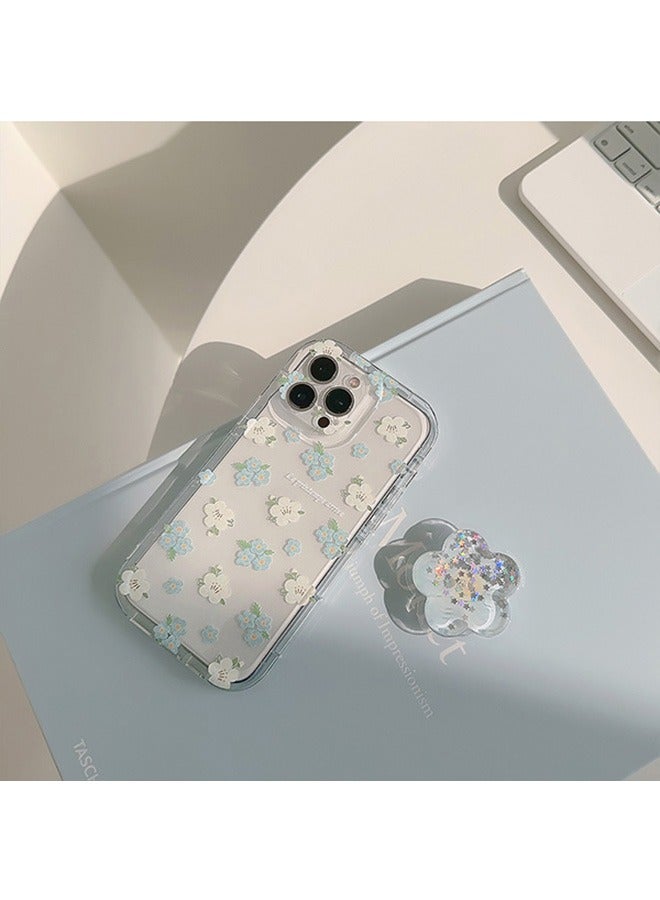Compatible with iPhone 15 Pro Max Case, Beautiful Blue And White Flower Patterns with Quicksand Flower Stand for Women Girly, Soft TPU Full Protective Cover- Blue - Image 2