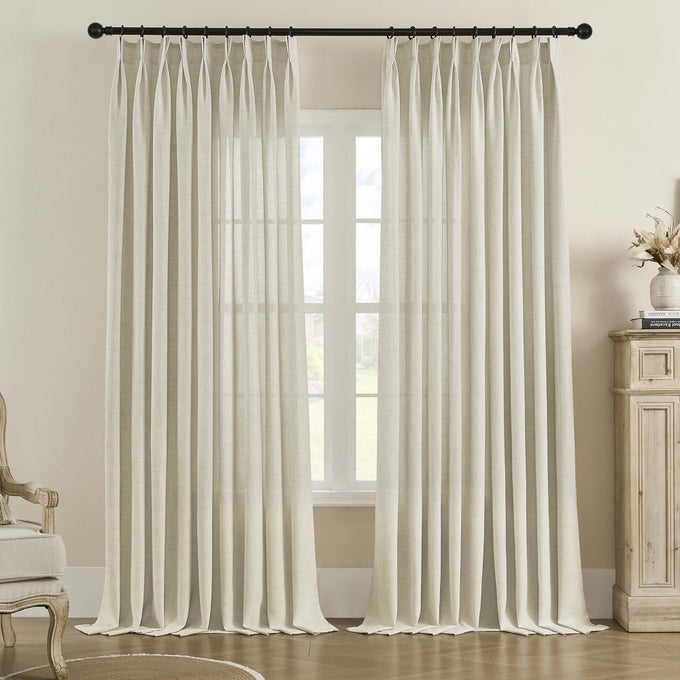 FAUX LINEN PINCH PLEATED CURTAIN FOR LIVING ROOM EXTRA LONG PINCH PLEAT SEMI SHEER DRAPES WITH HOOKS FOR TRAVERSE ROD LIGHT FILTERING PRIVACY PROTECTION 1 PANEL 52 W X 108 L LINEN