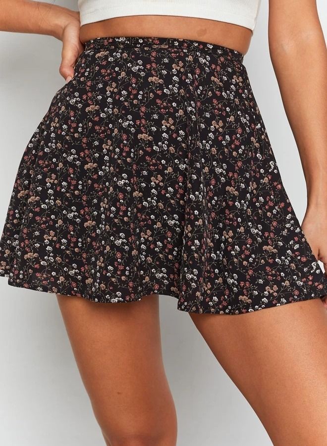 Loquat Women's Summer Wrap High Waist Floral Printed Ruffle Skirt Short Mini Umbrella Zipper Skirts Black Mix  - Image 1