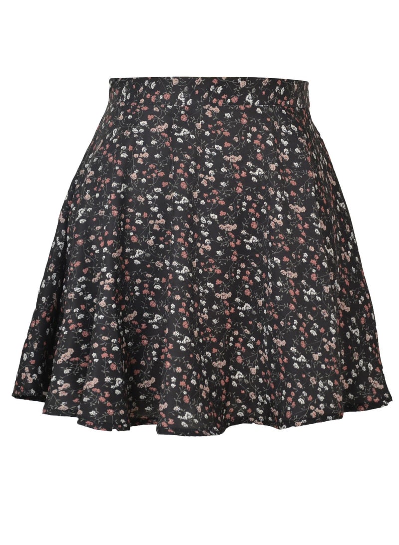 Loquat Women's Summer Wrap High Waist Floral Printed Ruffle Skirt Short Mini Umbrella Zipper Skirts Black Mix  - Image 3