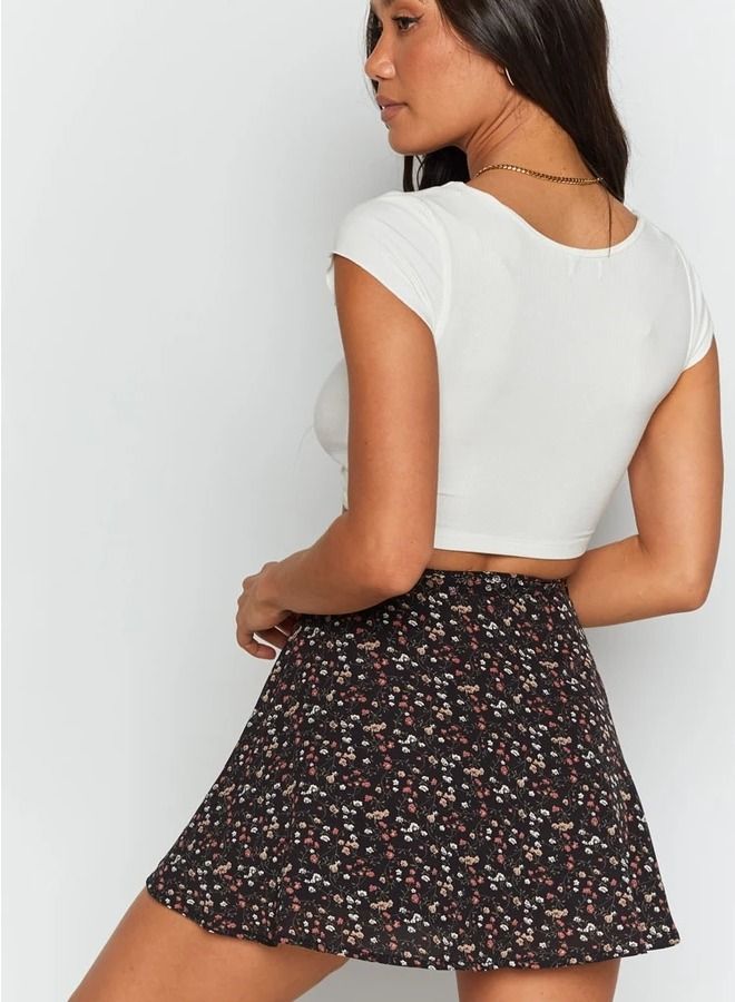 Loquat Women's Summer Wrap High Waist Floral Printed Ruffle Skirt Short Mini Umbrella Zipper Skirts Black Mix  - Image 2