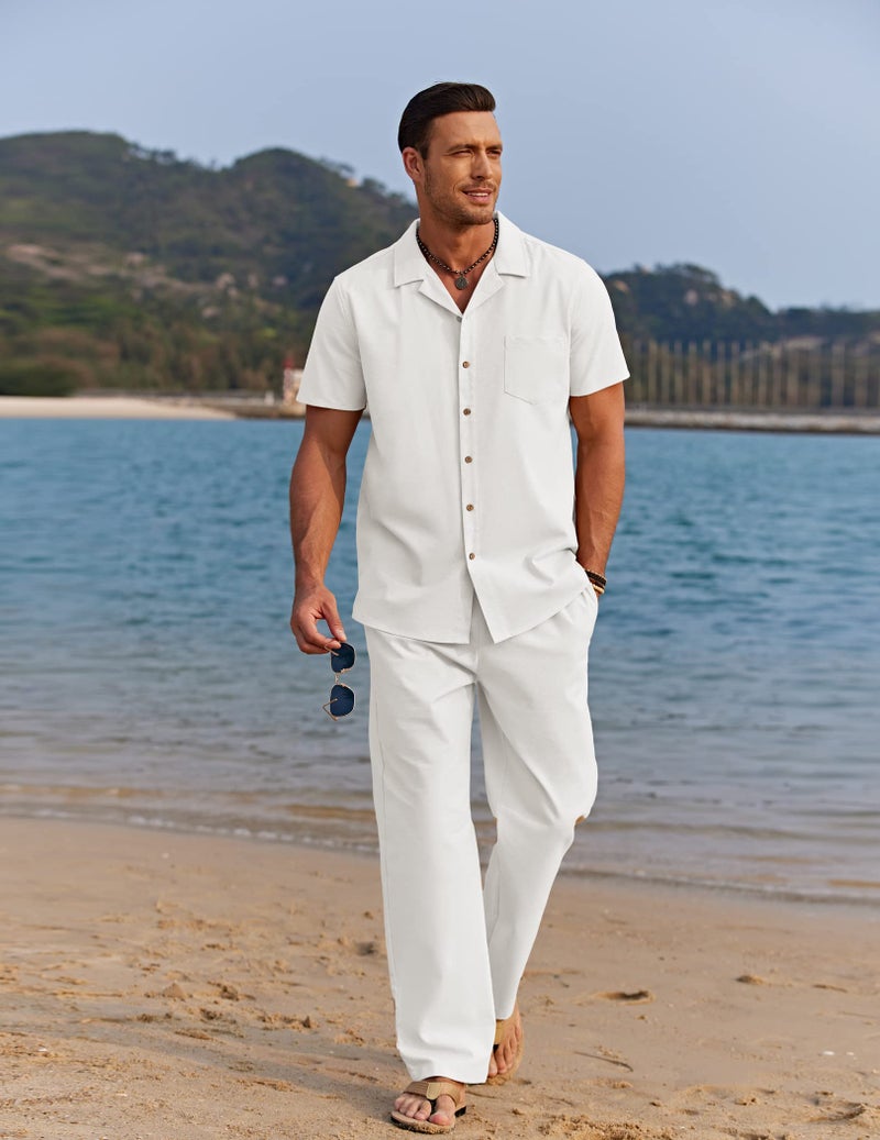 COOFANDY Mens Casual Linen 2 Piece Outfit Set Cotton Beach Pant Guayabera Shirts - Image 3