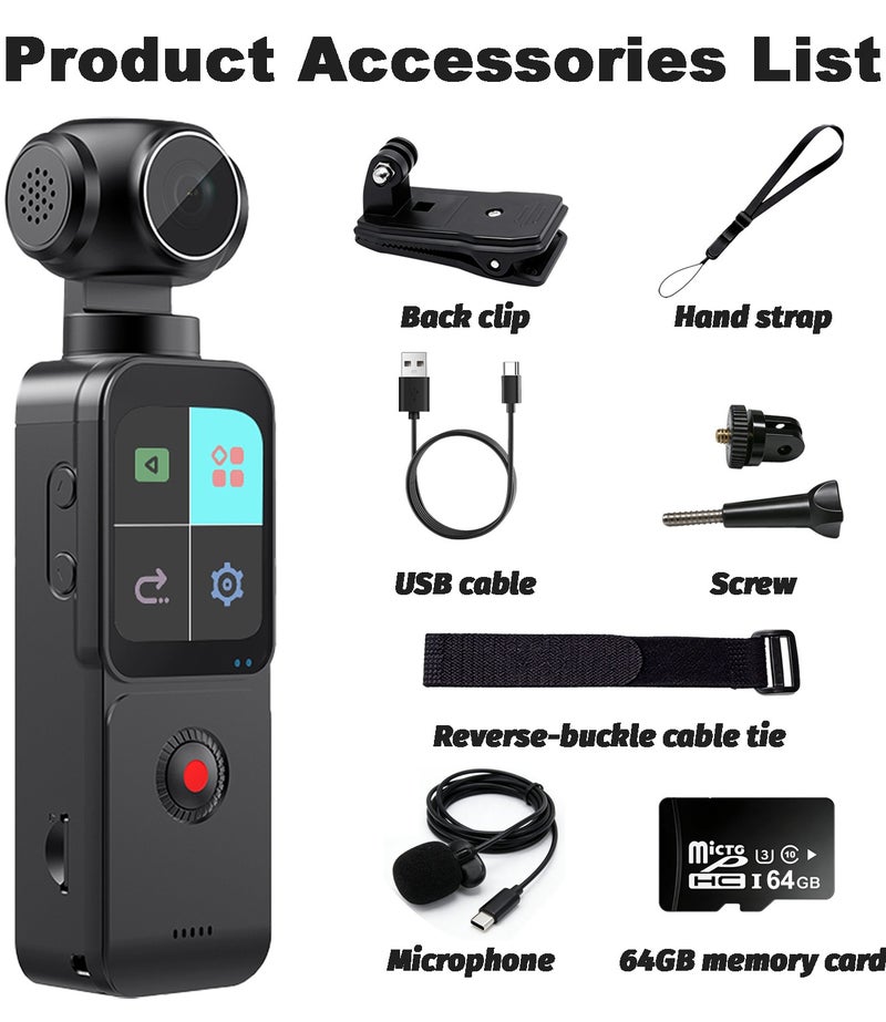 5K Vlogging Action Camera with 1.69-inch Touch Screen, Handheld 5K Video Camera Camcorder, UHD 5K 60fps WiFi with EIS, Pocket Digital Body Camera, 270° Rotatable Lens, Mic Included, Included 64G TF Card, for Photography - Image 2