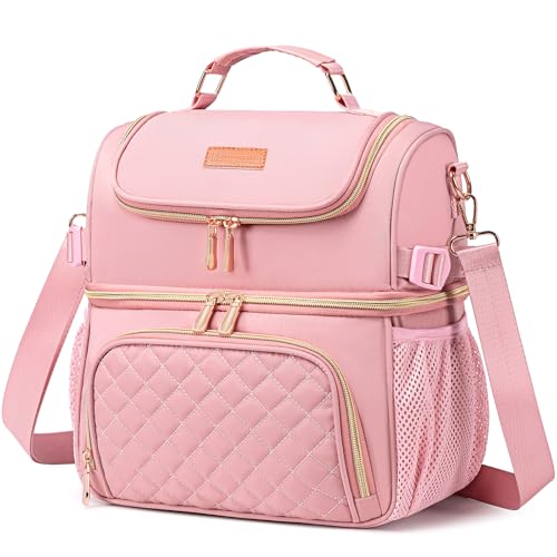 Romenrita Lunch Bags for Women Dual Compartment Lunch Box Lunch Bag for Work Leakproof Lunch Cooler Large Insulated Lunchbox for Adult for Women Men Lunchbag for Picnic Beach Pink - Image 1