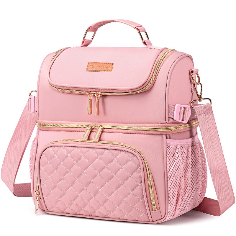 Romenrita Lunch Bags for Women Dual Compartment Lunch Box Lunch Bag for Work Leakproof Lunch Cooler Large Insulated Lunchbox for Adult for Women Men Lunchbag for Picnic Beach Pink - Image 2