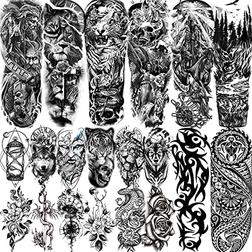 VANTATY 20 Sheets Extra Large Full Arm Temporary Tattoos For Men Adults, Tiger Snake Leopard Lion King Temporary Tattoos Sleeve For Women, Temp Waterproof Fake Tattoo Stickers For Kids Warrior Tatoos - Image 1