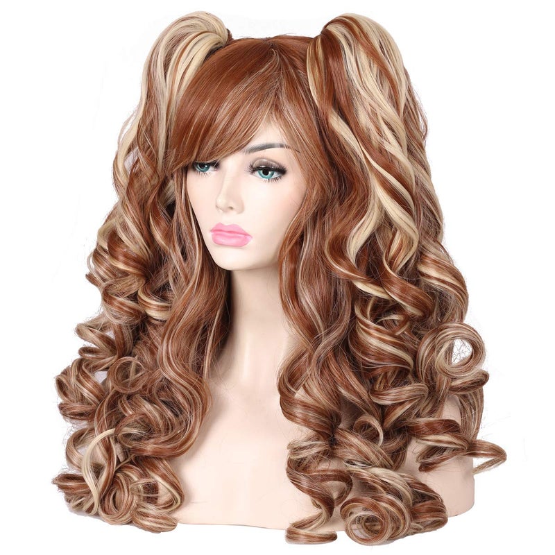 ColorGround Long Curly Multi-Color Cosplay Wig with 2 Ponytails(Brown with Blonde) - Image 3