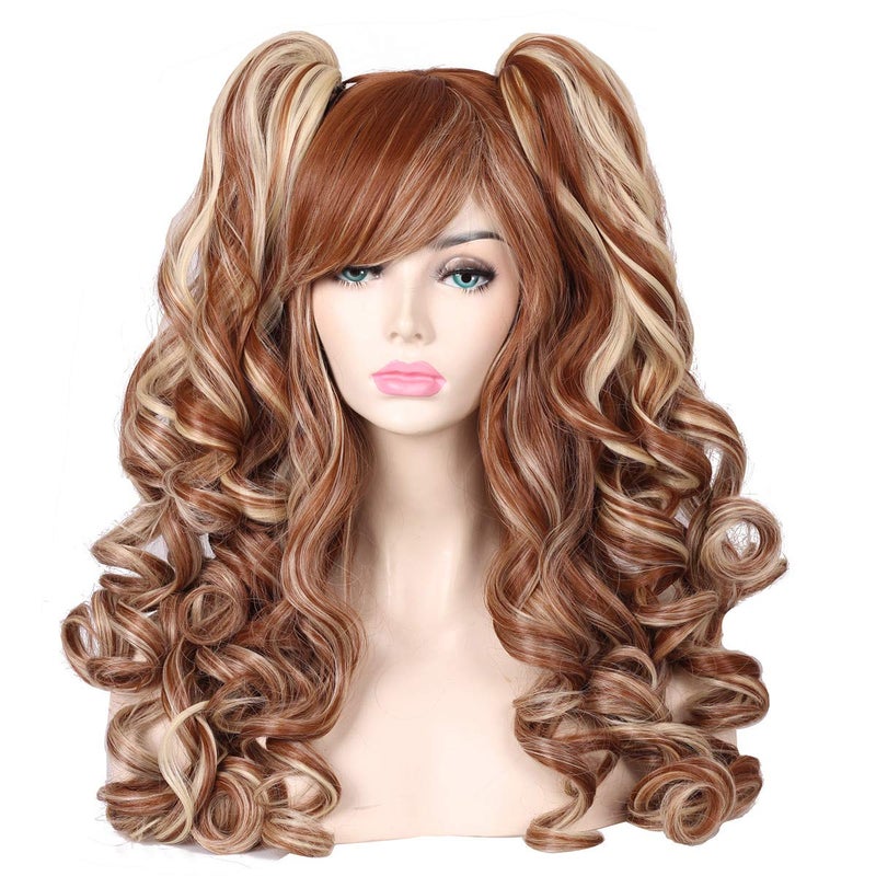 ColorGround Long Curly Multi-Color Cosplay Wig with 2 Ponytails(Brown with Blonde) - Image 1