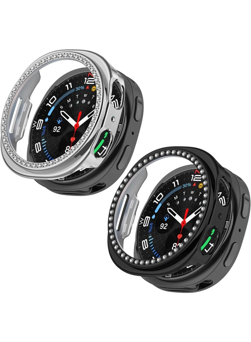 SYOSI Watch Case for Galaxy Watch 8 44mm, Bling Frame Protective Case, Sparkly Diamond Cover for Women and Girls, Silver and Black Watches Frame Cover, Galaxy Watch 8 Accessories (2 Pack) - Image 1