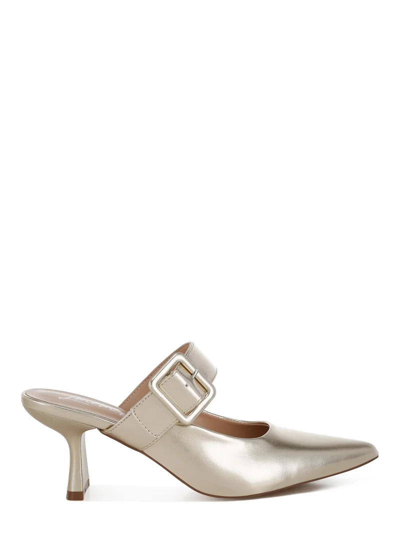London Rag Large Buckle Kitten Heel Mules in Gold