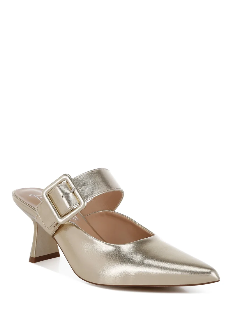 London Rag Large Buckle Kitten Heel Mules in Gold