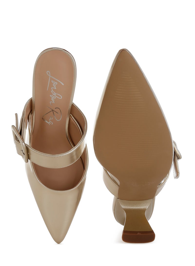 London Rag Large Buckle Kitten Heel Mules in Gold  - Image 4