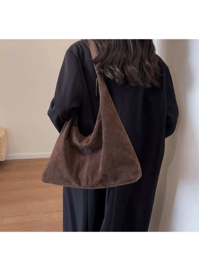 Women's Suede Crescent Shoulder Bag, Coffee Brown PU Leather Large Capacity Tote Handbag - Image 4