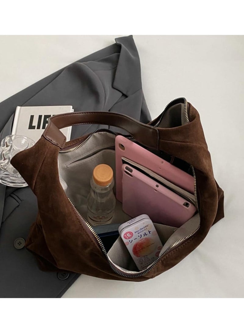 Women's Suede Crescent Shoulder Bag, Coffee Brown PU Leather Large Capacity Tote Handbag - Image 5