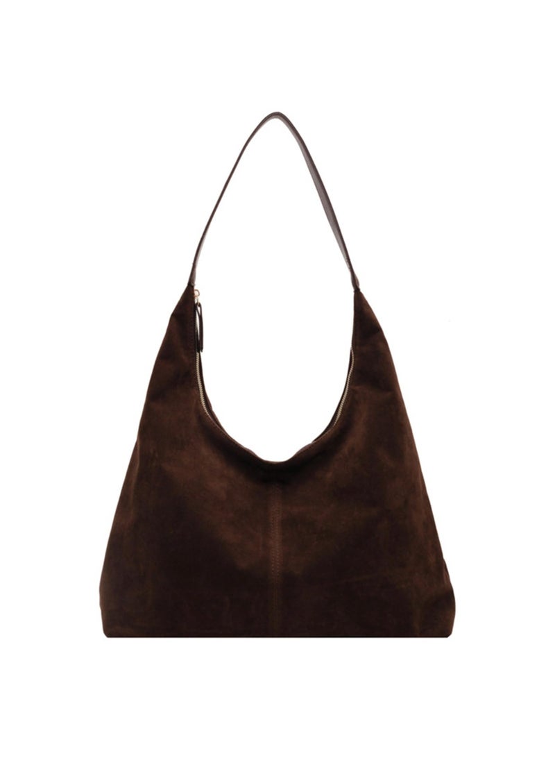 Women's Suede Crescent Shoulder Bag, Coffee Brown PU Leather Large Capacity Tote Handbag - Image 1