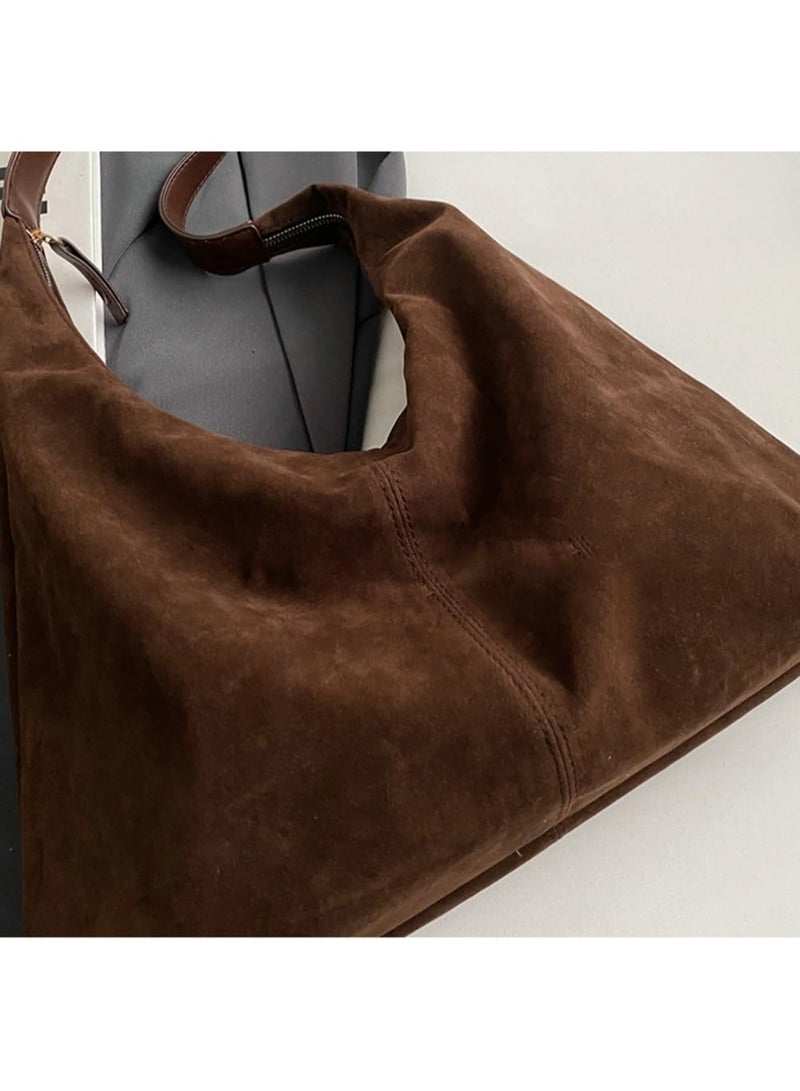 Women's Suede Crescent Shoulder Bag, Coffee Brown PU Leather Large Capacity Tote Handbag - Image 2