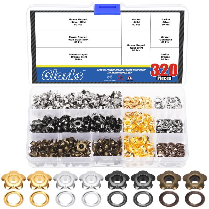 Glarks 320pcs 5mm316in Flower Eyelets Grommet Set 4 Colors Metal Flowers Eyelets for Shoe Eyelets Belt Bags and Other Leather Project - Image 2